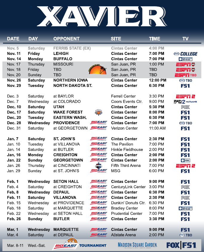 Xavier 2016-2017 Schedule is here!!!